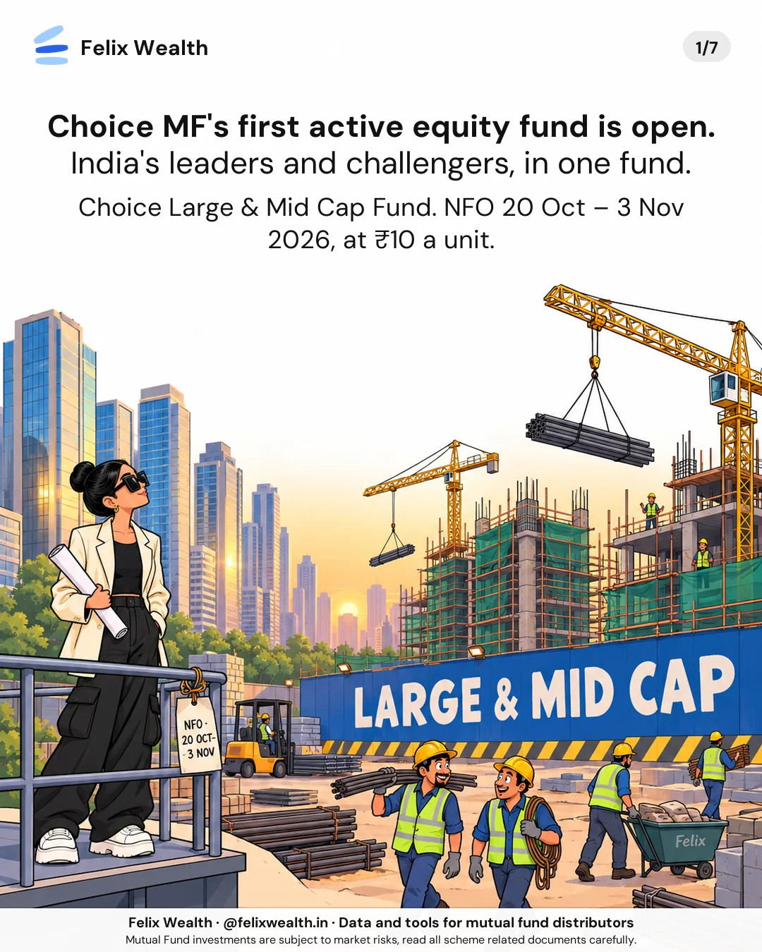 Choice MF’s first active equity fund is open: India’s leaders and challengers, in one fund. Choice Large & Mid Cap Fund, NFO 20 Oct – 3 Nov 2026, at ₹10 a unit. Finished towers stand beside towers rising in scaffolding, behind a site hoarding that reads Large & Mid Cap.