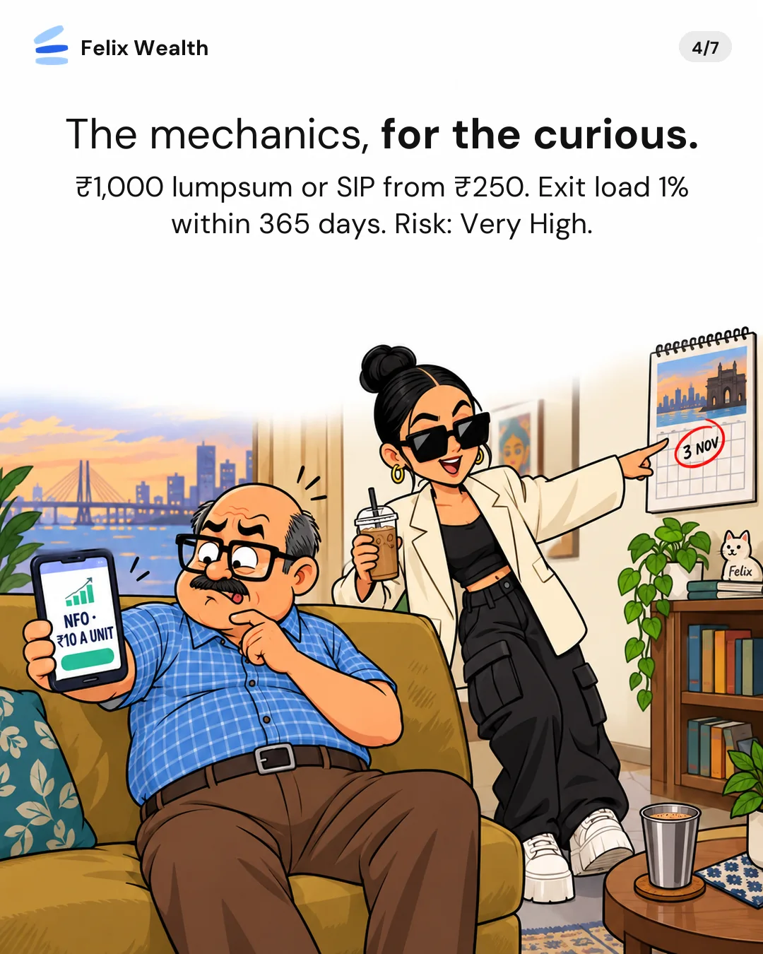 The mechanics, for the curious: ₹1,000 lumpsum or SIP from ₹250, exit load 1% within 365 days, risk Very High. Papa checks the NFO on his phone while Poo points to 3 Nov circled on the calendar.